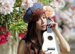 Kobieta, Ukulele, Portret, Azjatka, Kwiaty, Czapka