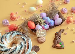 Wielkanoc, Napis, Happy Ester, Kolorowe, Pisanki, Babka, Ciasteczka, Zajączek, Kompozycja