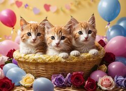 Balony i róże obok trzech małych kotków w koszyku