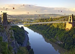 Rzeka, Avon River, Skały, Lasy, Most, Clifton Suspension Bridge, Balony, Bristol, Anglia