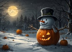 Las, Zima, Śnieg, Bałwan, Kapelusz, Dynia, Halloween, Księżyc, Grafika