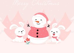 Boże Narodzenie, Kartka, Bałwan, Zajączki, 2D
