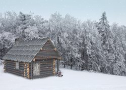 Bałwanek przed drewnianym domkiem