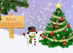 Świąteczne, Boże Narodzenie, Choinka, Śnieg, Bałwanek, Napis, Merry Christmas