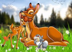 Bambi z mamą i Tuptuś na trawie w grafice