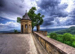 Niemcy, Badenia-Wirtembergia, Zamek Hohenzollern, Taras, Widok, Baszta, Drzewo