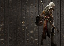 Bayek na tle ściany pokrytej hieroglifami