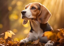 Beagle na jesiennych liściach