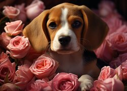 Beagle wśród różowych róż
