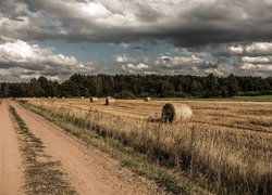 Bele słomy na polu pod ciemnymi chmurami