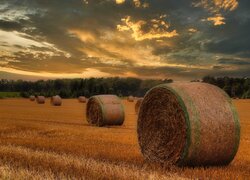 Bele słomy na polu pod zachmurzonym niebem