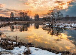 Bezlistne drzewa i śnieg na brzegach rzeki