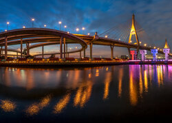 Tajlandia, Bangkok, Most, Bhumibol Bridge 2, Rzeka Menam, Noc