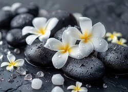 Kwiat, Plumeria, Kamienie, Woda, Krople