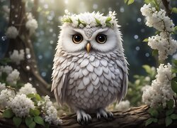Sowa, Biała, Ptak, Kwiaty, Grafika