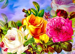 Kwiaty, Trzy, Kolorowe, Róże, Grafika