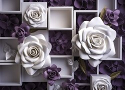Białe i fioletowe róże w kasetonach na ścianie