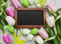 Wielkanoc, Zielone, Pisanki, Kolorowe, Tulipany, Wstążka, Ramka