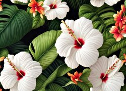 Hibiskusy, Kwiaty, Białe, Liście, Grafika