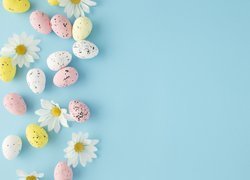 Wielkanoc, Białe, Kwiaty, Kolorowe, Jajeczka, Niebieskie, Tło