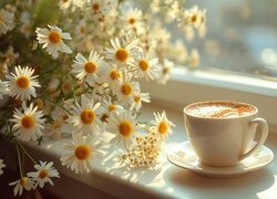 Białe kwiaty obok filiżanki z kawą