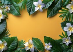 Plumeria, Białe, Kwiaty, Liście