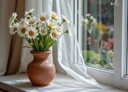 Kwiaty, Bukiet, Wazon, Okno, Parapet