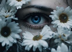 Białe kwiaty wokól niebieskiego oka