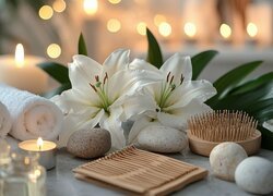 SPA, Białe, Ręczniki, Olejki, Kamienie, Świeca, Szczotka, Białe, Lilie