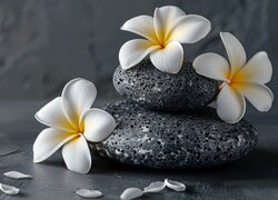 Trzy, Kwiaty, Plumeria, Kamienie