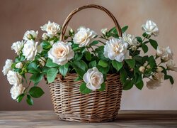 Kwiaty, Róże, Białe, Koszyk, Bukiet