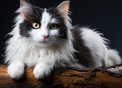 Biało-czarny puszysty kot na kłodzie