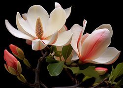 Biało-różowe, Kwiaty, Magnolia, Liście, Ciemne, Tło, Grafika