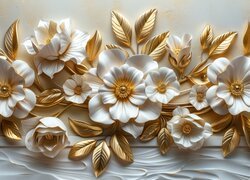Białe, Kwiaty, Złote, Listki, Gałązki, Grafika