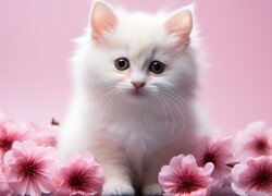 Biały kot i kwiaty na różowym tle