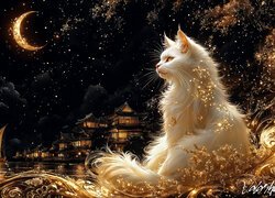 Biały kot nocną porą na tle oświetlonych domów w blasku księżyca