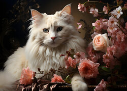 Biały, Długowłosy, Kot, Kwiaty, Róże