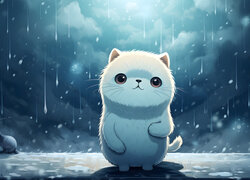 Biały kot w padającym deszczu w grafice