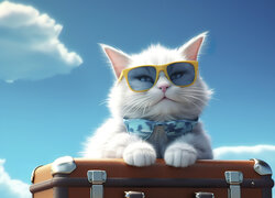 Biały kot w żółtych okularach leżący na walizce
