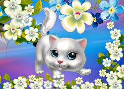 Biały kot wśród kwiatów w grafice