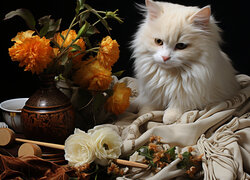 Biały kotek obok wazonu z kwiatkami