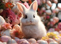 Biały królik i kolorowe pisanki
