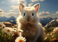 Biały królik i kwiaty na tle gór