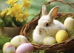Biały królik oraz kolorowe pisanki w koszyku i obok