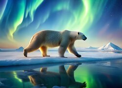 Grafika, Zorza polarna, Niedźwiedź polarny, Lód, Odbicie