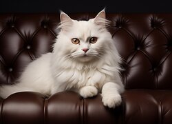 Biały puszysty kot na kanapie