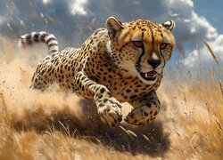 Biegnący gepard po suchej trawie