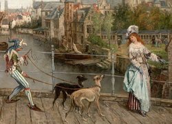 Błazen z psami i kobieta na obrazie Victora Lagye