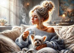 Blondynka, Dziewczyna, Pies, Pokój, Sofa, Poduszki, Okno, Lampy, Filiżanka, Grafika