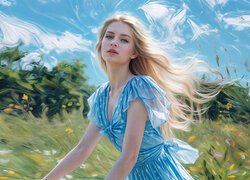Kobieta, Blondynka, Łąka, Lato, Niebieska, Sukienka, Grafika